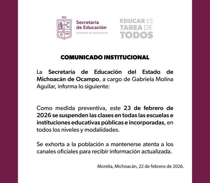 Se suspenden clases este lunes 23 de febrero: SEE